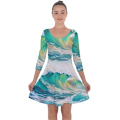 Waves Ocean Sea Tsunami Nautical Art Quarter Sleeve Skater Dress by uniart180623