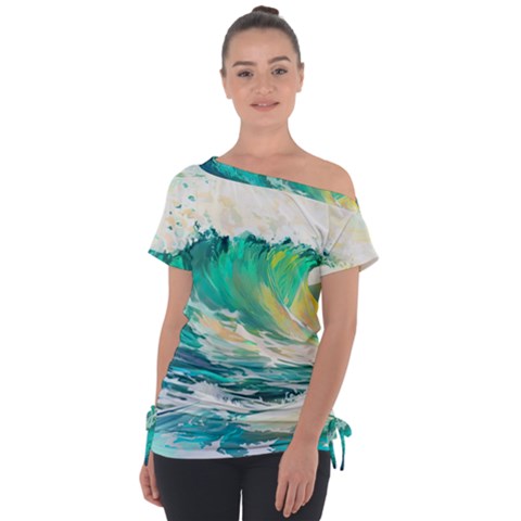 Waves Ocean Sea Tsunami Nautical Art Off Shoulder Tie-up Tee by uniart180623