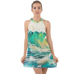 Waves Ocean Sea Tsunami Nautical Art Halter Tie Back Chiffon Dress by uniart180623