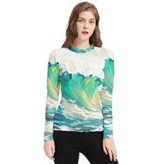 Waves Ocean Sea Tsunami Nautical Art Women s Long Sleeve Rash Guard by uniart180623