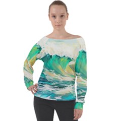 Waves Ocean Sea Tsunami Nautical Art Off Shoulder Long Sleeve Velour Top by uniart180623