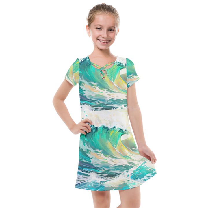 Waves Ocean Sea Tsunami Nautical Art Kids  Cross Web Dress