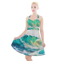 Waves Ocean Sea Tsunami Nautical Art Halter Party Swing Dress  by uniart180623