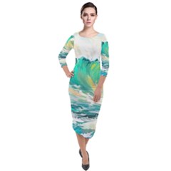 Waves Ocean Sea Tsunami Nautical Art Quarter Sleeve Midi Velour Bodycon Dress by uniart180623