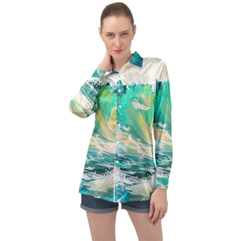 Waves Ocean Sea Tsunami Nautical Art Long Sleeve Satin Shirt by uniart180623