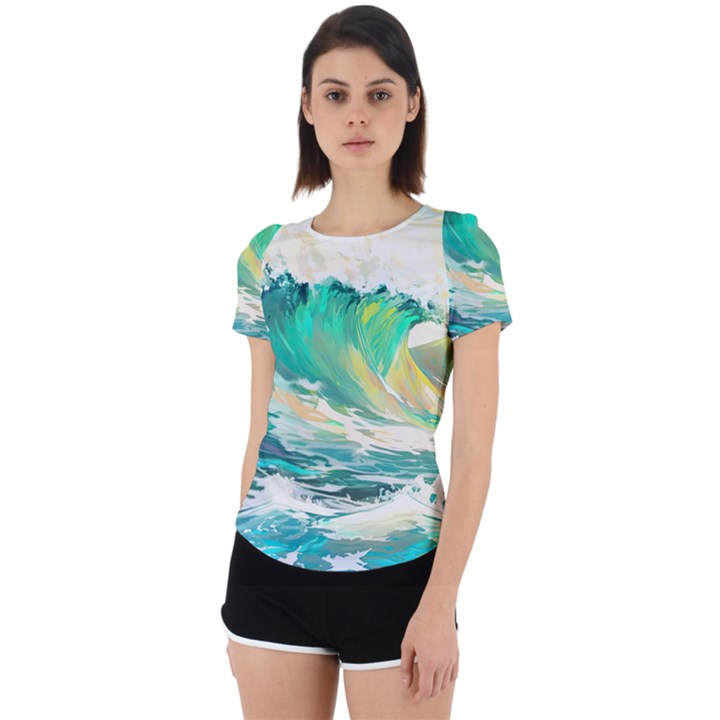 Waves Ocean Sea Tsunami Nautical Art Back Cut Out Sport Tee