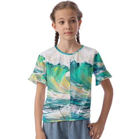 Waves Ocean Sea Tsunami Nautical Art Kids  Cuff Sleeve Scrunch Bottom Tee by uniart180623