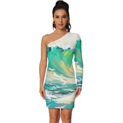 Waves Ocean Sea Tsunami Nautical Art Long Sleeve One Shoulder Mini Dress by uniart180623