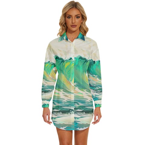 Waves Ocean Sea Tsunami Nautical Art Womens Long Sleeve Shirt Dress by uniart180623