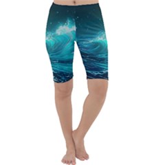 Tsunami Waves Ocean Sea Nautical Nature Water Cropped Leggings  by uniart180623