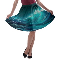 Tsunami Waves Ocean Sea Nautical Nature Water A-line Skater Skirt by uniart180623