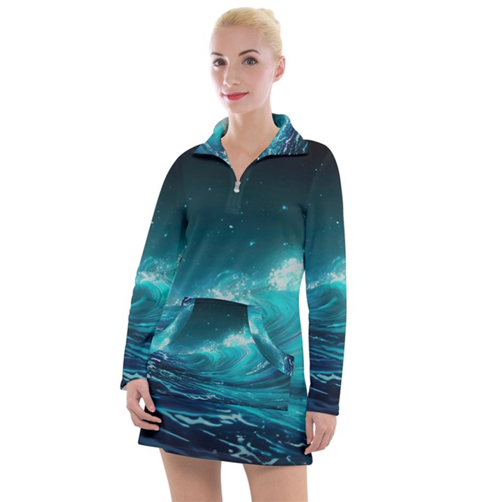 Tsunami Waves Ocean Sea Nautical Nature Water Women s Long Sleeve Casual Dress