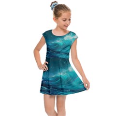 Tsunami Waves Ocean Sea Nautical Nature Water Kids  Cap Sleeve Dress by uniart180623