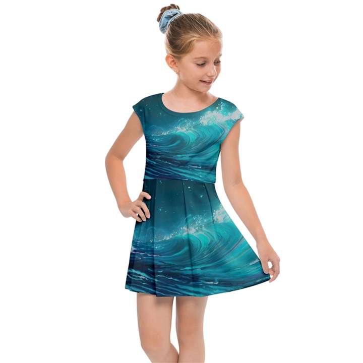 Tsunami Waves Ocean Sea Nautical Nature Water Kids  Cap Sleeve Dress