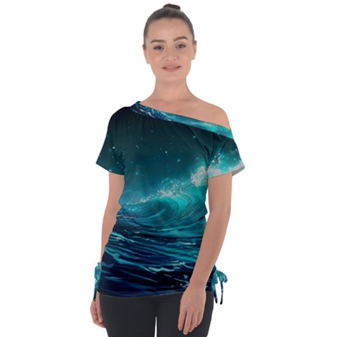 Tsunami Waves Ocean Sea Nautical Nature Water Off Shoulder Tie-up Tee by uniart180623