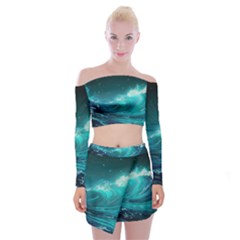 Tsunami Waves Ocean Sea Nautical Nature Water Off Shoulder Top With Mini Skirt Set by uniart180623