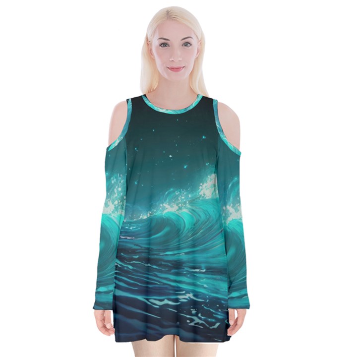 Tsunami Waves Ocean Sea Nautical Nature Water Velvet Long Sleeve Shoulder Cutout Dress