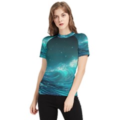 Tsunami Waves Ocean Sea Nautical Nature Water Women s Short Sleeve Rash Guard by uniart180623