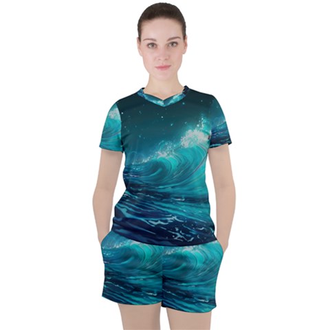 Tsunami Waves Ocean Sea Nautical Nature Water Women s Tee And Shorts Set by uniart180623