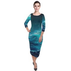 Tsunami Waves Ocean Sea Nautical Nature Water Quarter Sleeve Midi Velour Bodycon Dress