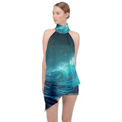 Tsunami Waves Ocean Sea Nautical Nature Water Halter Asymmetric Satin Top by uniart180623