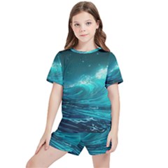 Tsunami Waves Ocean Sea Nautical Nature Water Kids  Tee And Sports Shorts Set by uniart180623