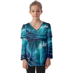 Tsunami Waves Ocean Sea Nautical Nature Water Kids  V Neck Casual Top by uniart180623