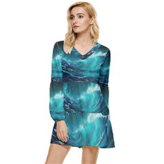 Tsunami Waves Ocean Sea Nautical Nature Water Tiered Long Sleeve Mini Dress by uniart180623