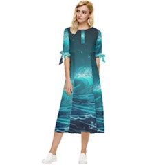 Tsunami Waves Ocean Sea Nautical Nature Water Bow Sleeve Chiffon Midi Dress by uniart180623