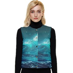 Tsunami Waves Ocean Sea Nautical Nature Water Women s Button Up Puffer Vest by uniart180623