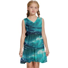 Tsunami Waves Ocean Sea Nautical Nature Water Kids  Sleeveless Tiered Mini Dress by uniart180623