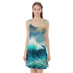 Waves Ocean Sea Tsunami Nautical Painting Satin Night Slip by uniart180623