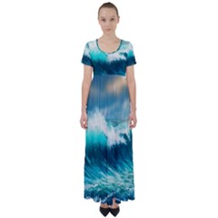 Waves Ocean Sea Tsunami Nautical Painting High Waist Short Sleeve Maxi Dress by uniart180623