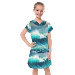 Waves Ocean Sea Tsunami Nautical Painting Kids  Drop Waist Dress by uniart180623