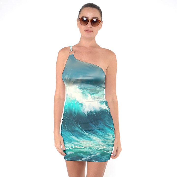 Waves Ocean Sea Tsunami Nautical Painting One Shoulder Ring Trim Bodycon Dress