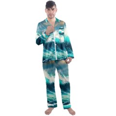 Waves Ocean Sea Tsunami Nautical Painting Men s Long Sleeve Satin Pajamas Set by uniart180623