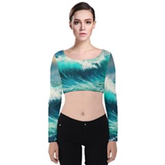 Waves Ocean Sea Tsunami Nautical Painting Velvet Long Sleeve Crop Top by uniart180623