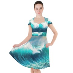 Waves Ocean Sea Tsunami Nautical Painting Cap Sleeve Midi Dress by uniart180623