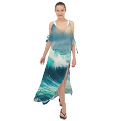 Waves Ocean Sea Tsunami Nautical Painting Maxi Chiffon Cover Up Dress by uniart180623