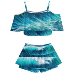 Waves Ocean Sea Tsunami Nautical Painting Kids  Off Shoulder Skirt Bikini by uniart180623