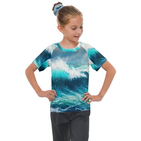 Waves Ocean Sea Tsunami Nautical Painting Kids  Mesh Piece Tee by uniart180623