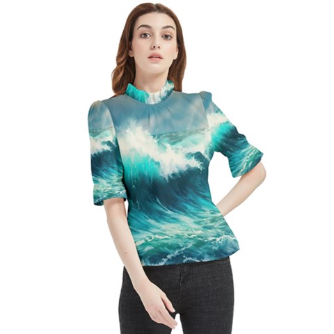 Waves Ocean Sea Tsunami Nautical Painting Frill Neck Blouse by uniart180623