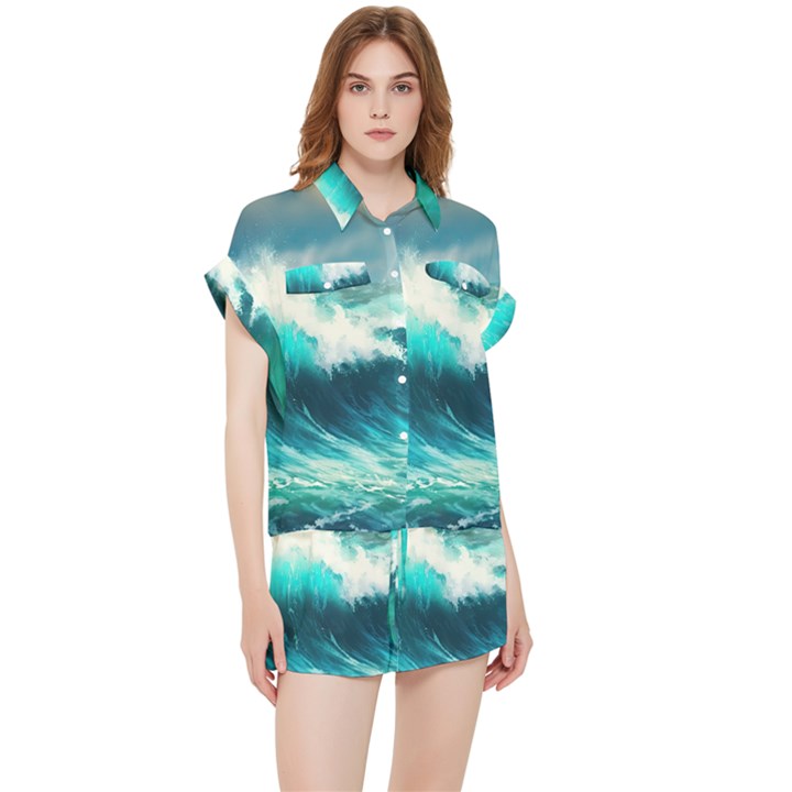 Waves Ocean Sea Tsunami Nautical Painting Chiffon Lounge Set