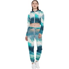 Waves Ocean Sea Tsunami Nautical Painting Cropped Zip Up Lounge Set by uniart180623