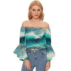 Waves Ocean Sea Tsunami Nautical Painting Off Shoulder Flutter Bell Sleeve Top by uniart180623