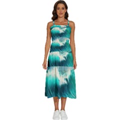 Waves Ocean Sea Tsunami Nautical Painting Sleeveless Shoulder Straps Boho Dress by uniart180623