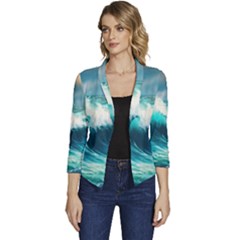 Waves Ocean Sea Tsunami Nautical Painting Women s Casual 3/4 Sleeve Spring Jacket