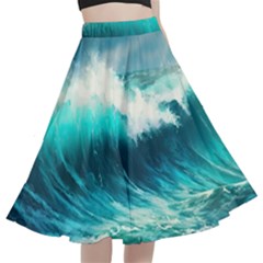 Waves Ocean Sea Tsunami Nautical Painting A-line Full Circle Midi Skirt With Pocket by uniart180623