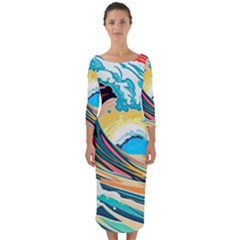 Waves Ocean Sea Tsunami Nautical Arts Quarter Sleeve Midi Bodycon Dress by uniart180623