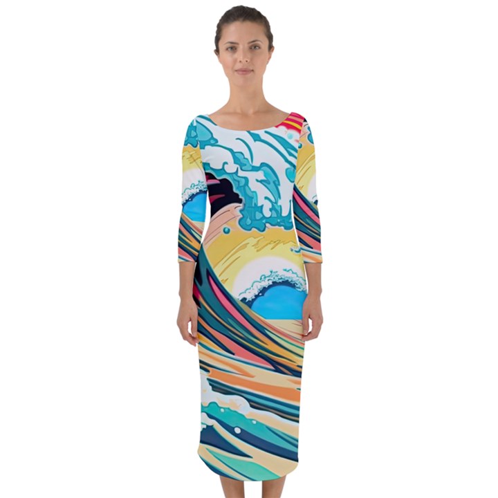 Waves Ocean Sea Tsunami Nautical Arts Quarter Sleeve Midi Bodycon Dress